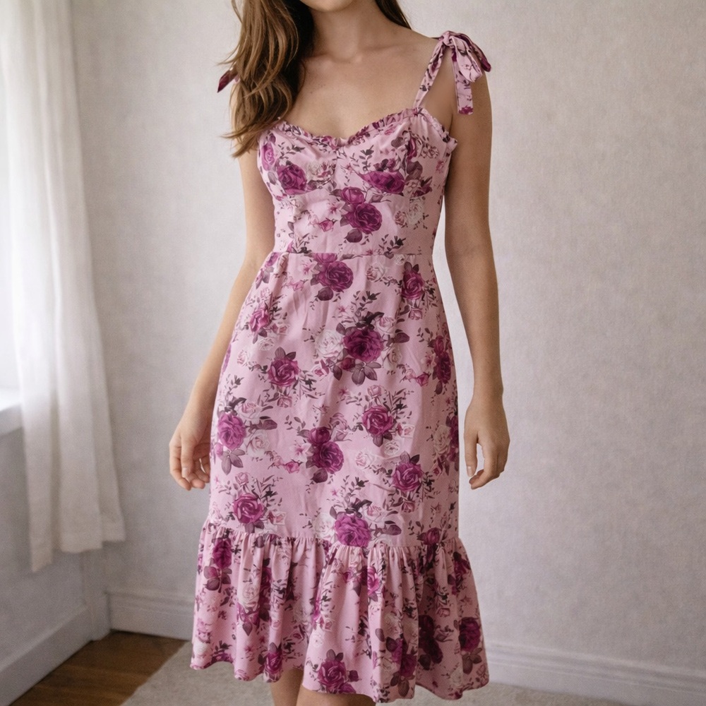 Lulus Confident Charm Pink Floral Bustier Tie-Strap Midi Dress Large